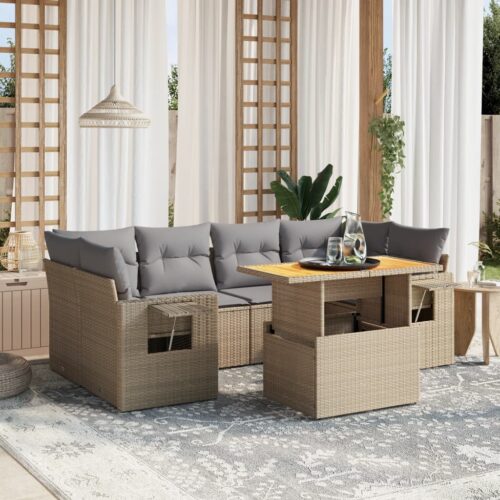7-Piece Garden Sofa Set Outdoor Patio Lounge Wicker Rattan Furniture Setting Beige - Image 2