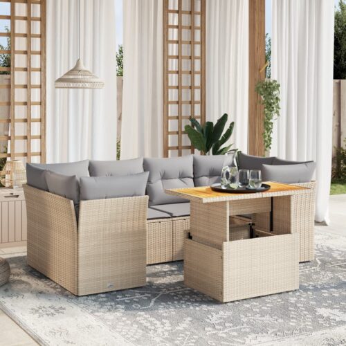 7-Piece Garden Sofa Set Outdoor Patio Lounge Wicker Rattan Furniture Setting Beige - Image 2