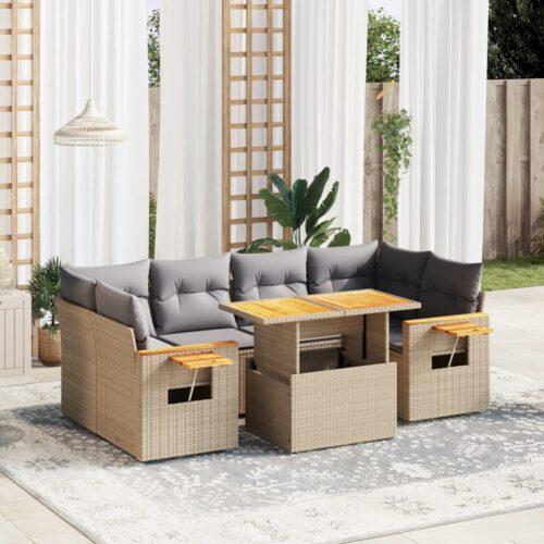 7-Piece Garden Sofa Set Outdoor Patio Lounge Wicker Rattan Furniture Setting Beige - Image 2
