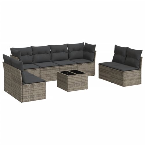 9-Piece Garden Sofa Set with Cushions Outdoor Patio Furniture Grey Poly Rattan