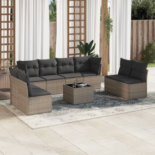 9-Piece Garden Sofa Set with Cushions Outdoor Patio Furniture Grey Poly Rattan - Image 2