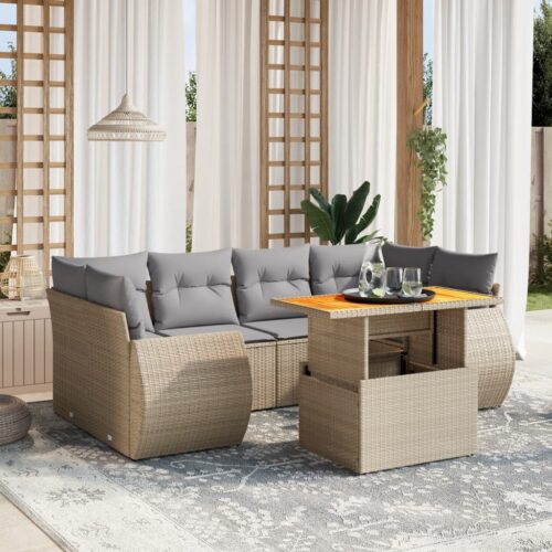 7-Piece Garden Sofa Set Outdoor Patio Lounge Wicker Rattan Furniture Setting Beige - Image 2