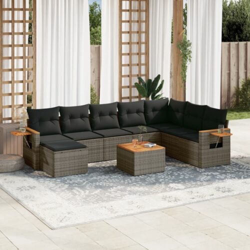 9-Piece Garden Sofa Set with Cushions Outdoor Patio Furniture Grey Poly Rattan - Image 2