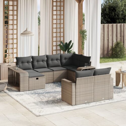 10-Piece Garden Sofa Set with Cushions Outdoor Patio Lounge Furniture Grey Poly Rattan - Image 2