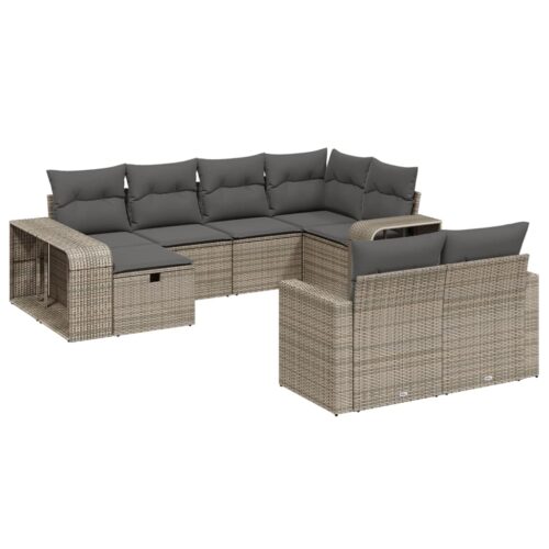 10-Piece Garden Sofa Set with Cushions Outdoor Patio Lounge Furniture Grey Poly Rattan - Image 6