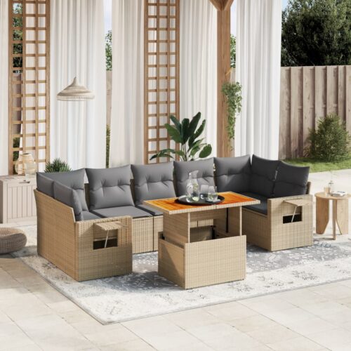 8-Piece Garden Sofa Set Outdoor Patio Lounge Couch Wicker Rattan Furniture Beige - Image 2