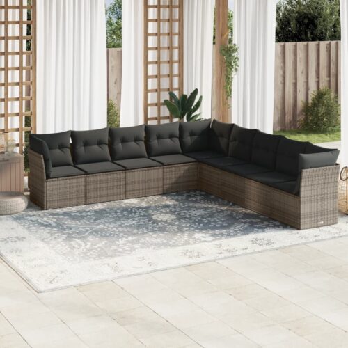 9-Piece Garden Sofa Set with Cushions Outdoor Patio Furniture Grey Poly Rattan - Image 2