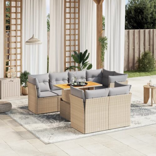 8-Piece Garden Sofa Set Outdoor Patio Lounge Couch Wicker Rattan Furniture Beige - Image 2