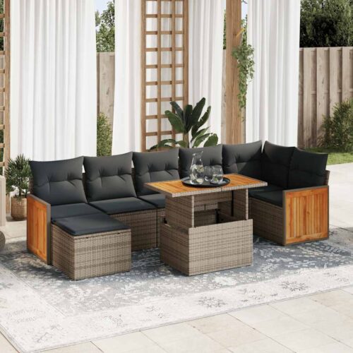 7-Piece Garden Sofa Set Outdoor Patio Lounge Wicker Rattan Furniture Setting Grey Acacia - Image 2