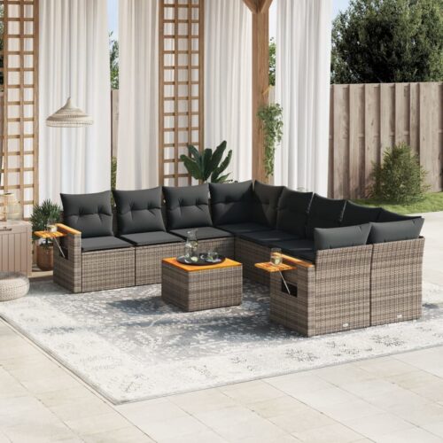 9-Piece Garden Sofa Set with Cushions Outdoor Patio Furniture Grey Poly Rattan - Image 2