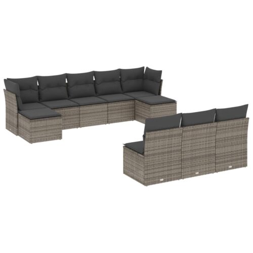 10-Piece Garden Sofa Set with Cushions Outdoor Patio Lounge Furniture Grey Poly Rattan - Image 5
