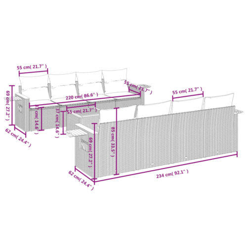 9-Piece Garden Sofa Set with Cushions Outdoor Patio Furniture Grey Poly Rattan - Image 8
