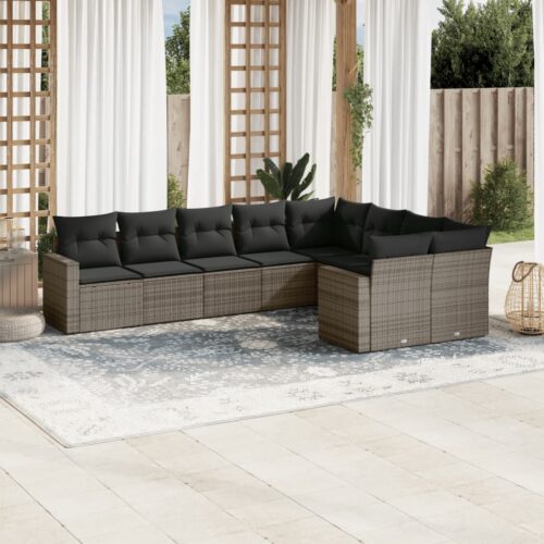 9-Piece Garden Sofa Set with Cushions Outdoor Patio Furniture Grey Poly Rattan - Image 2