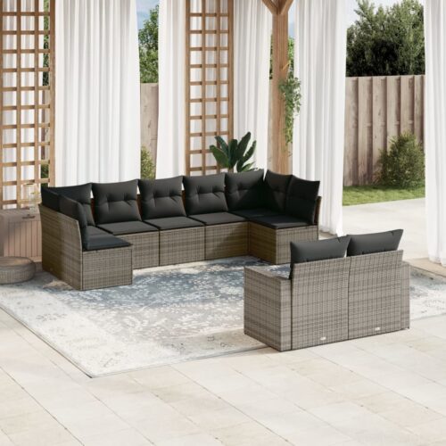 9-Piece Garden Sofa Set with Cushions Outdoor Patio Furniture Grey Poly Rattan - Image 2