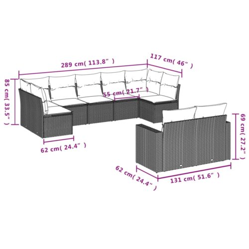 9-Piece Garden Sofa Set with Cushions Outdoor Patio Furniture Grey Poly Rattan - Image 7