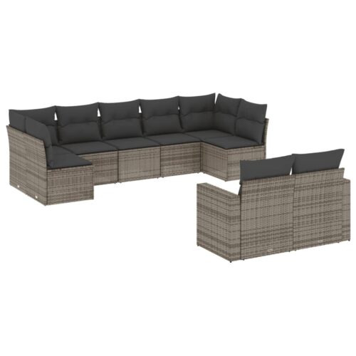 9-Piece Garden Sofa Set with Cushions Outdoor Patio Furniture Grey Poly Rattan - Image 12
