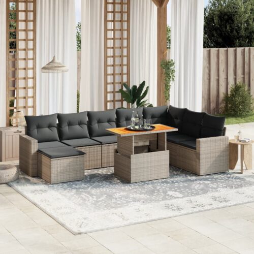 9-Piece Garden Sofa Set with Cushions Outdoor Patio Furniture Grey Poly Rattan - Image 2