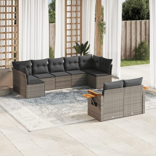 9-Piece Garden Sofa Set with Cushions Outdoor Patio Furniture Grey Poly Rattan - Image 2