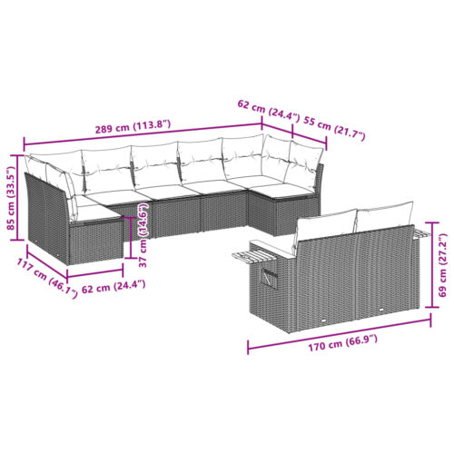 9-Piece Garden Sofa Set with Cushions Outdoor Patio Furniture Grey Poly Rattan - Image 8
