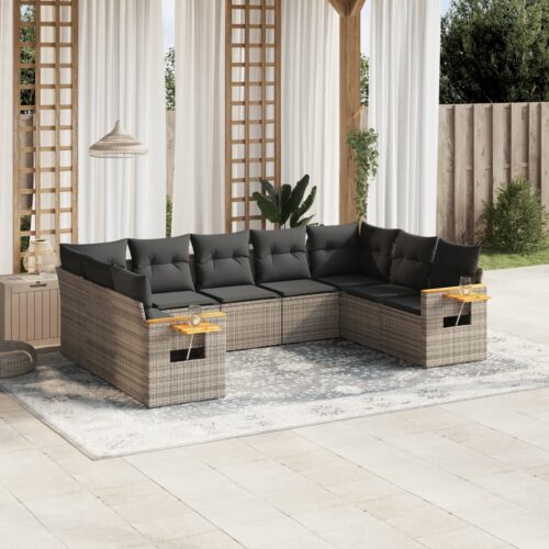 9-Piece Garden Sofa Set with Cushions Outdoor Patio Furniture Grey Poly Rattan - Image 2