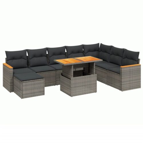 9-Piece Garden Sofa Set with Cushions Outdoor Patio Furniture Grey Poly Rattan
