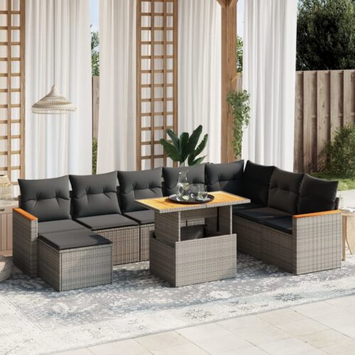 9-Piece Garden Sofa Set with Cushions Outdoor Patio Furniture Grey Poly Rattan - Image 2