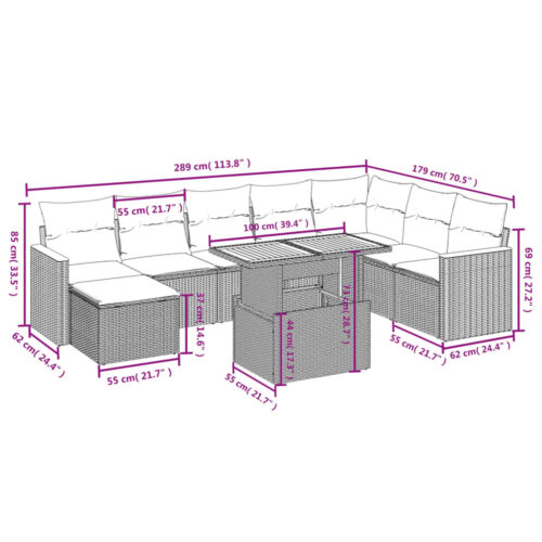 9-Piece Garden Sofa Set with Cushions Outdoor Patio Furniture Grey Poly Rattan - Image 3