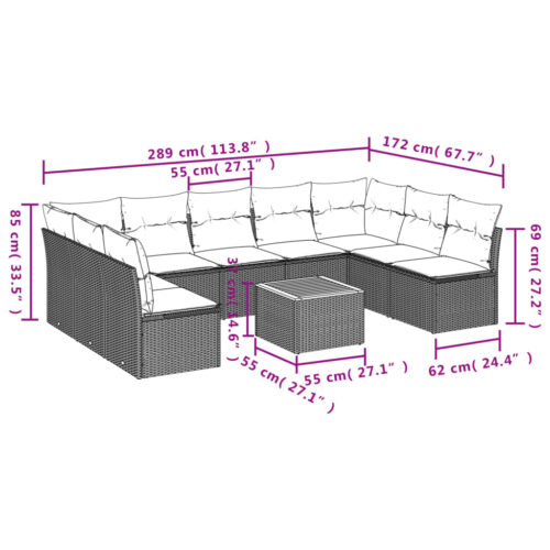 10-Piece Garden Sofa Set with Cushions Outdoor Patio Lounge Furniture Grey Poly Rattan - Image 3