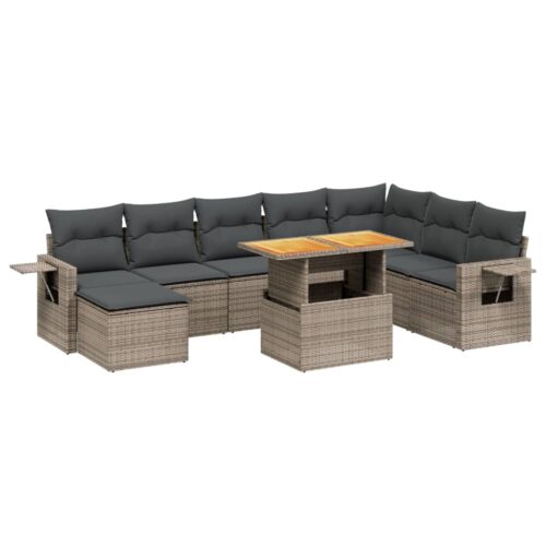 9-Piece Garden Sofa Set with Cushions Outdoor Patio Furniture Grey Poly Rattan