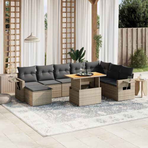 9-Piece Garden Sofa Set with Cushions Outdoor Patio Furniture Grey Poly Rattan - Image 2