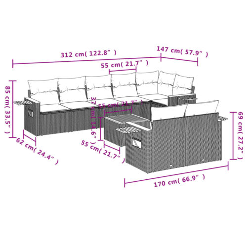 9-Piece Garden Sofa Set with Cushions Outdoor Patio Furniture Grey Poly Rattan - Image 9