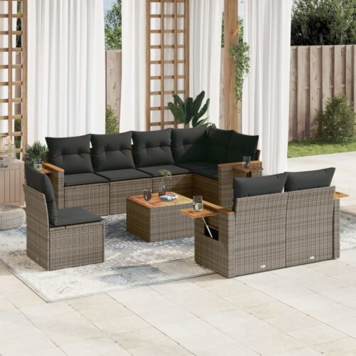 9-Piece Garden Sofa Set with Cushions Outdoor Patio Furniture Grey Poly Rattan - Image 2