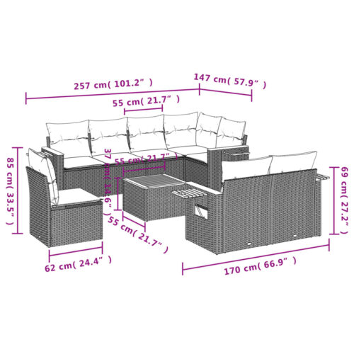 9-Piece Garden Sofa Set with Cushions Outdoor Patio Furniture Grey Poly Rattan - Image 9