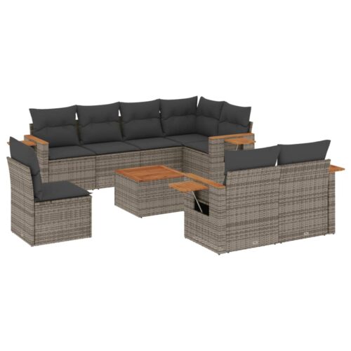 9-Piece Garden Sofa Set with Cushions Outdoor Patio Furniture Grey Poly Rattan - Image 14