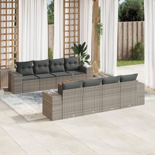 9-Piece Garden Sofa Set with Cushions Outdoor Patio Furniture Grey Poly Rattan - Image 2