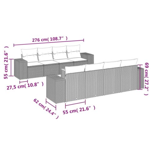 9-Piece Garden Sofa Set with Cushions Outdoor Patio Furniture Grey Poly Rattan - Image 3