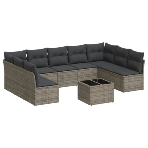 10-Piece Garden Sofa Set with Cushions Outdoor Patio Lounge Furniture Grey Poly Rattan