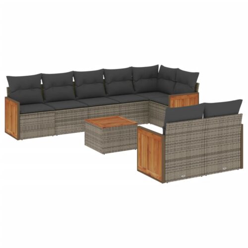9-Piece Garden Sofa Set with Cushions Outdoor Patio Furniture Grey Poly Rattan