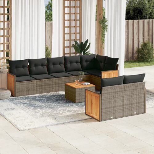 9-Piece Garden Sofa Set with Cushions Outdoor Patio Furniture Grey Poly Rattan - Image 2
