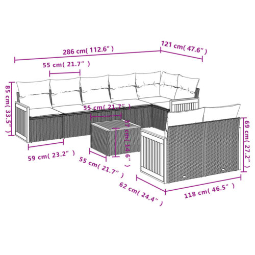 9-Piece Garden Sofa Set with Cushions Outdoor Patio Furniture Grey Poly Rattan - Image 8