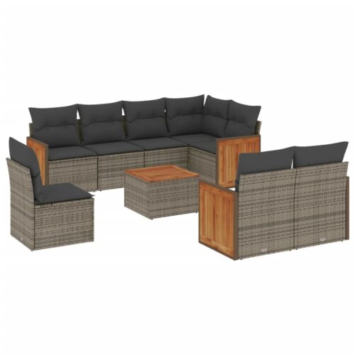 9-Piece Garden Sofa Set with Cushions Outdoor Patio Furniture Grey Poly Rattan