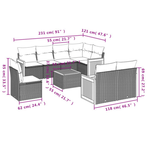 9-Piece Garden Sofa Set with Cushions Outdoor Patio Furniture Grey Poly Rattan - Image 8