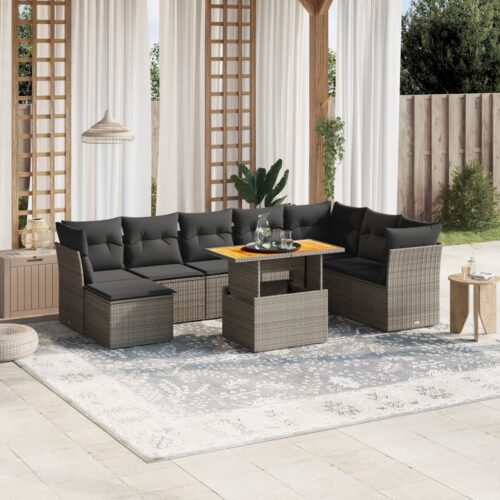 9-Piece Garden Sofa Set with Cushions Outdoor Patio Furniture Grey Poly Rattan - Image 2