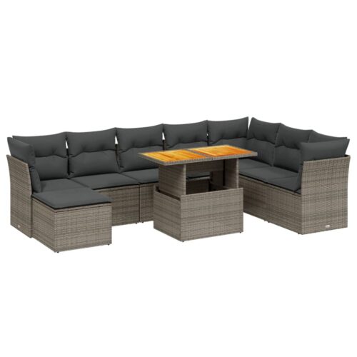 9-Piece Garden Sofa Set with Cushions Outdoor Patio Furniture Grey Poly Rattan - Image 5