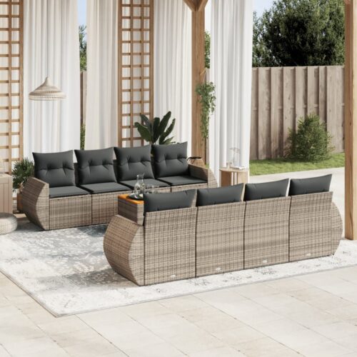 9-Piece Garden Sofa Set with Cushions Outdoor Patio Furniture Grey Poly Rattan - Image 2