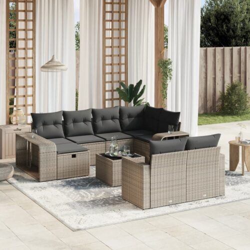 11-Piece Garden Sofa Set with Cushions Outdoor Patio Lounge Furniture Grey Poly Rattan - Image 2