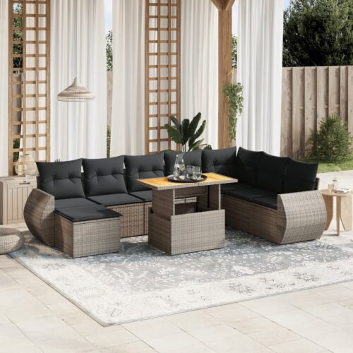 9-Piece Garden Sofa Set with Cushions Outdoor Patio Furniture Grey Poly Rattan - Image 2