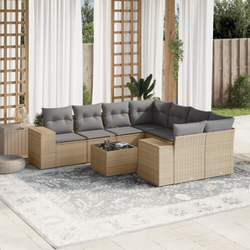 9-Piece Garden Sofa Set with Cushions Outdoor Patio Furniture Beige Poly Rattan - Image 2
