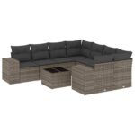 9-Piece Garden Sofa Set with Cushions Outdoor Patio Furniture Grey Poly Rattan