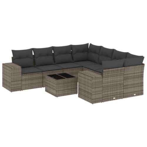 9-Piece Garden Sofa Set with Cushions Outdoor Patio Furniture Grey Poly Rattan